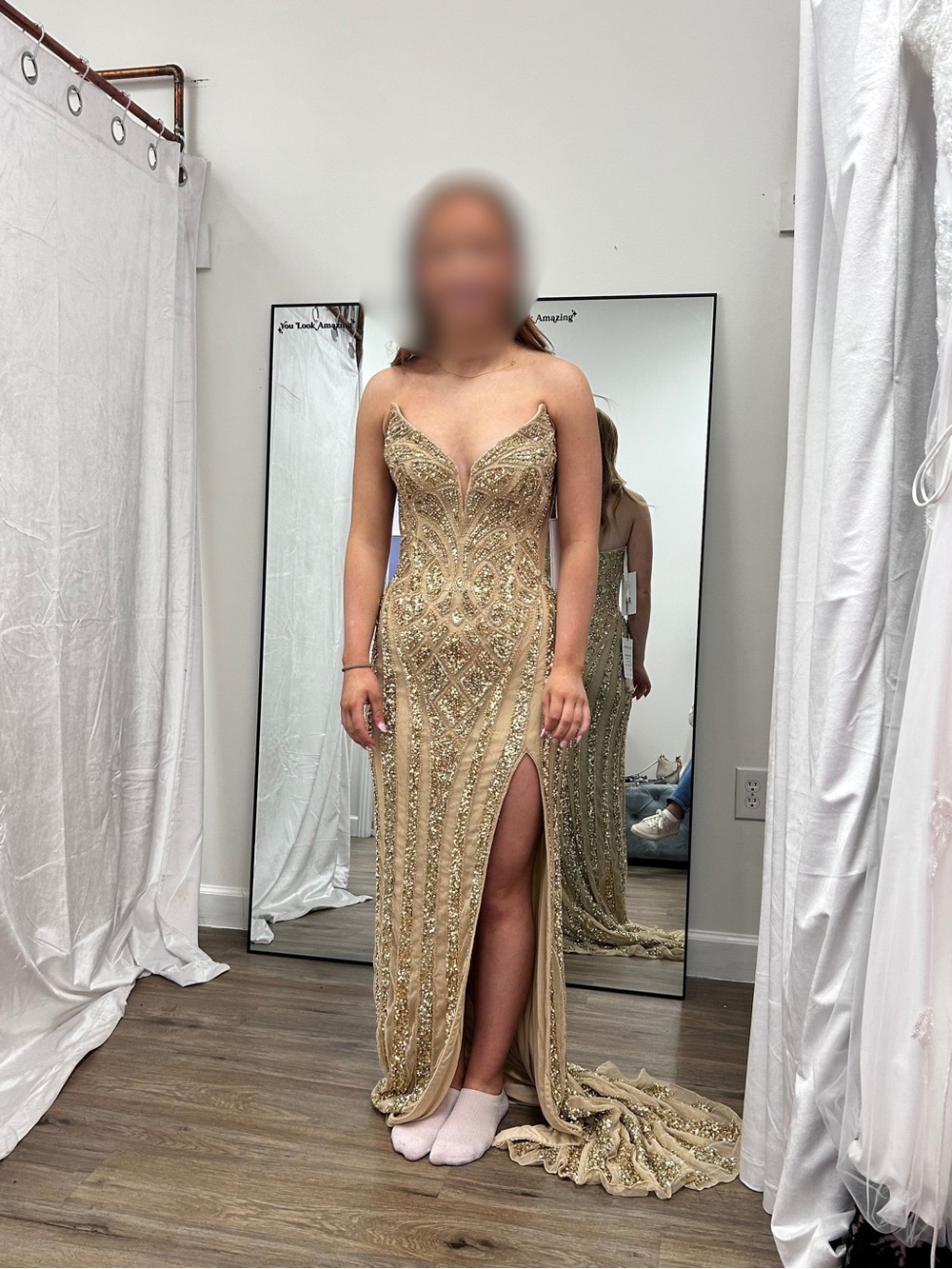 Gold Beaded Prom Gown with Sweetheart Neckline and Thigh Slit